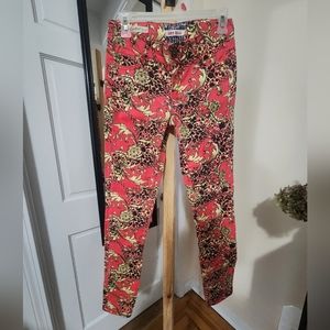 Hot Kiss Skinny Jean, Coral/Pink with Gold design, size 3